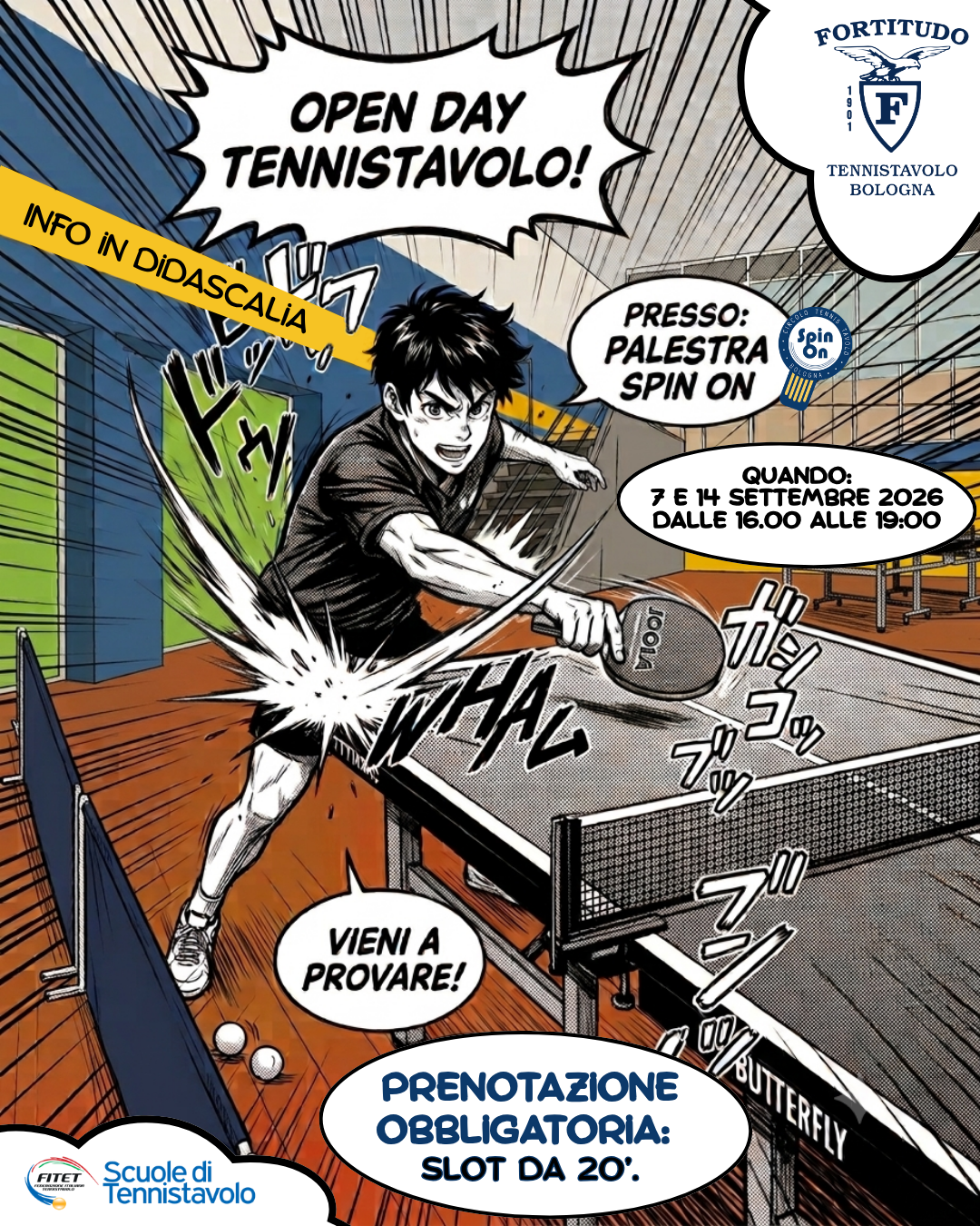 Locandina Open Day Tennistavolo Fortitudo Bologna, 7 e 14 settembre 2026 presso palestra Spin On